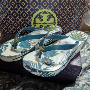 Tory Burch Teal Wedge Sandals with Tropical Print 6